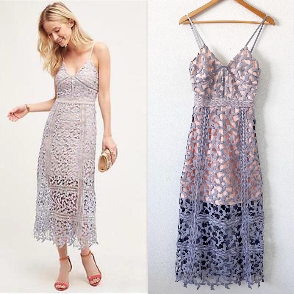 Elliatt Tingle Lace Overlay Midi Dress in Lavender Purple